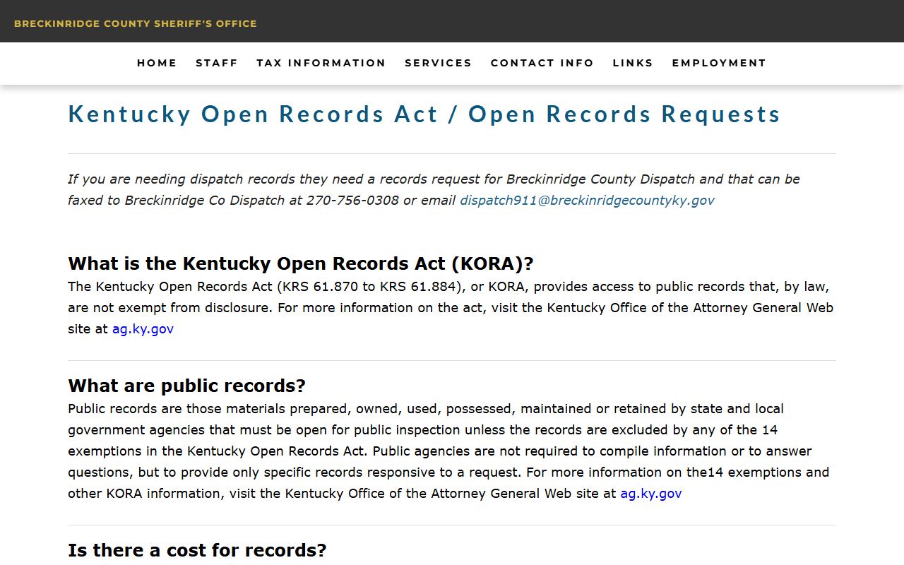 Breckinridge County inmate records sheriff open records instructions