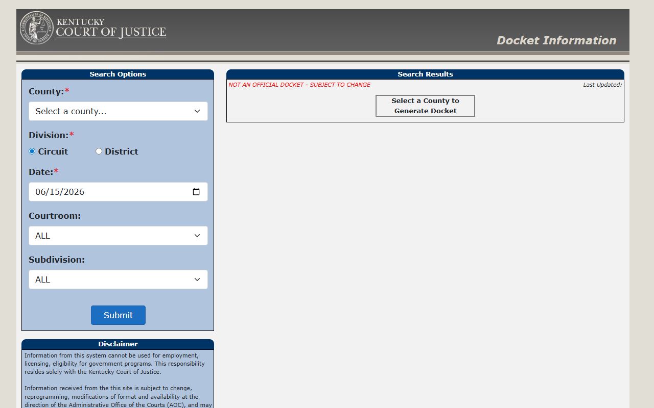 Breckinridge County court records after jail arrest KCOJ docket search fields