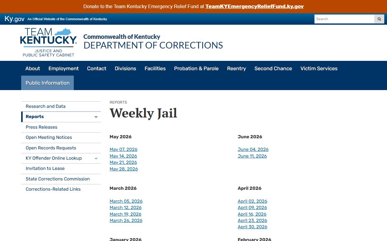 Breckinridge County inmate population KDOC weekly jail report index